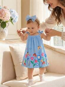 SHEIN Newborn Baby Girls' Casual Baby Girl Sweet Floral Striped Cami Dress, Summer Holiday Photoshoot Pastel Blue - Blue - View 4