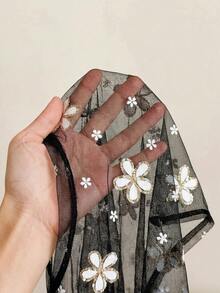 SHEIN 少女夏季休閒碎花印花網眼T恤 - 黑色 - 查看 3