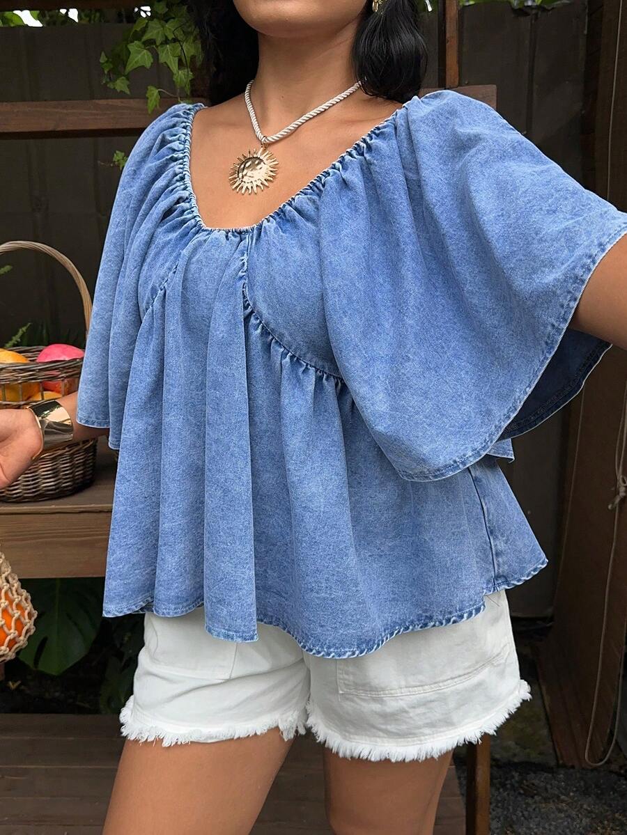 Sunnyshic Plus Size Women V-Neck Ruched Casual Versatile Denim Top For Daily Wear - Blue - View 1