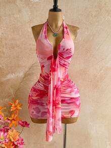 Soleia Women's Floral Print Halter Tie Sexy Mini Dress For Dates & Parties - Pink - View 7