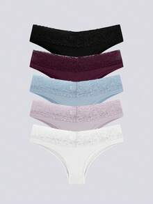 Loungeista 5pcs/Pack Random Color Lace Waist Women's Comfortable Minimalist Briefs - Multicolor - View 2