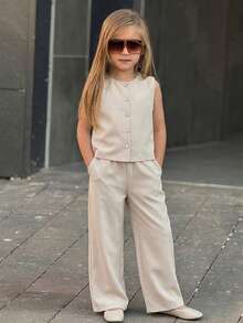 Hapijoa Tween Girl Front Button Round Neck Top And Lightweight Pants Set, Summer - Apricot - View 3