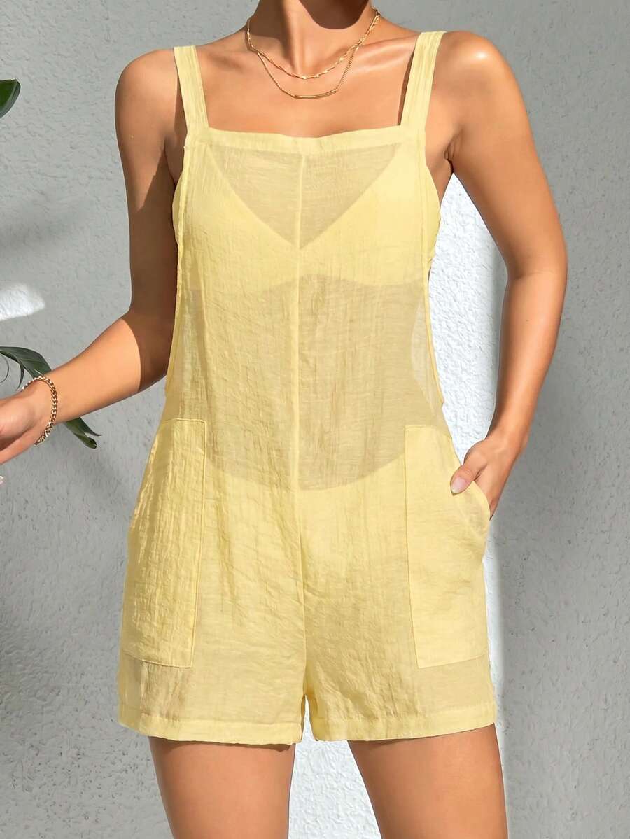 Swim Vcay Solid Color Square Neck Sleeveless Sheer Loose Summer Cover-Up With Pockets - Pale Yellow - View 1