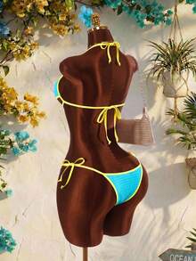 Amplova Women's Contrast Color Trim Swimwear Set, Tropical And Avant-Garde, Suitable For Holiday Wear Beach Vacation Blue Summer - Multicolor - View 4