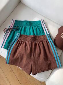 Comfortcana 2026新款棕色粉嫩粉對比側條紋女款多件組短褲，健身房夏季休閒寬鬆運動短褲 - 彩色 - 查看 3