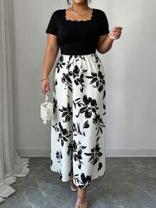 GlowEve CURVE Plus Size Floral Print Square Neck Elegant Short Sleeve Dress Wedding Black And White Summer - Black and White - View 5