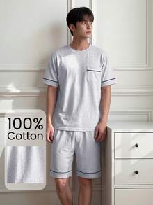 Napfluff Men's Knit Crew Neck Short Sleeve Shorts Pajama Set With Contrast Trim - Light Grey - View 1