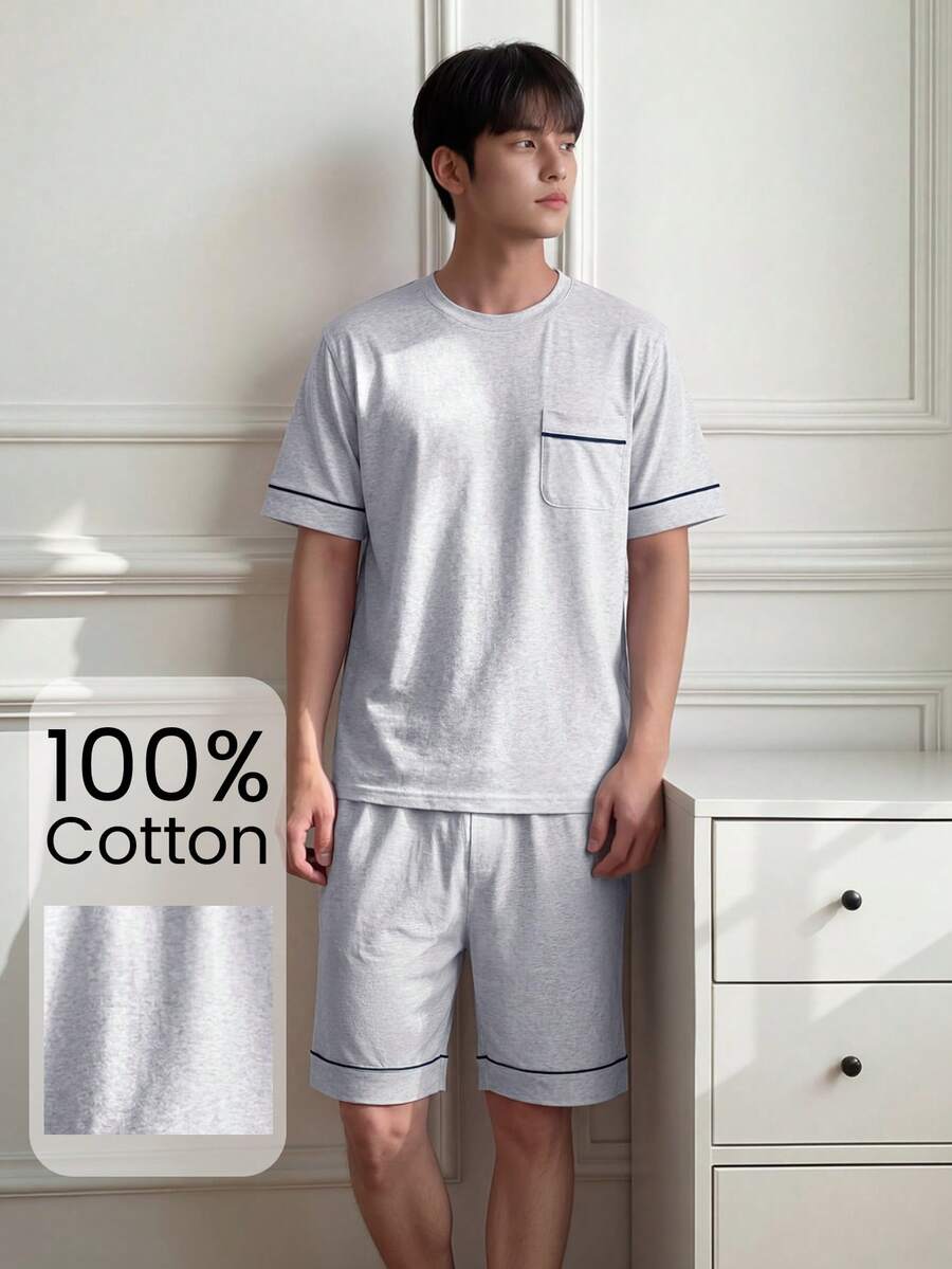 Napfluff Men's Knit Crew Neck Short Sleeve Shorts Pajama Set With Contrast Trim - Light Grey - View 1
