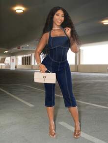 BriallanyX BriallanyX Damen Lässig Pendeln Mode 3/4 Länge Denim Latzhose Jumpsuit - Blau - Übersicht 7