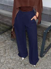 Jeta Ari Pantalones anchos de pierna ancha de color azul marino minimalistas y elegantes, adecuados para el transporte, pantalones anchos de pierna ancha de cintura alta de color azul marino y pantalones de traje de color azul marino para otoño e invierno. - Azul Marino - Ver 3