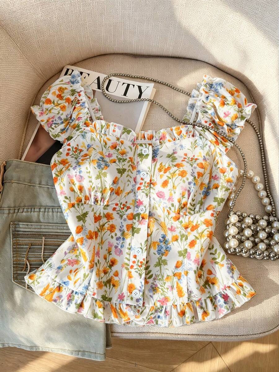 GlowEve Floral Print Frill Trim Button-Up Vacation Shirt For Women - Multicolor - View 1