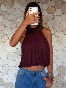 Aloruh Women's Elegant Solid Color Lace Halter Top, Summer Top,Wedding Guest, Party Top - Burgundy - View 7