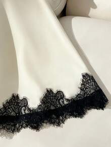 SHEIN V-Neck Lace Patchwork Sleeveless Pleated Sexy Dress, Women's Spring/Summer Dress, Vacation, Outing, Y2K, Spring, Summer, Back To School, Casual, Beach, Business, Versatile, Women's Apricot Dress, Women's Lace Patchwork Long Dress - Black and White - View 7