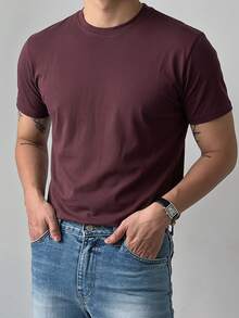 DAZY Men's Summer Solid Color Crew Neck Short Sleeve T-Shirt - Brown - View 5