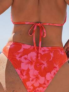 SHEIN BAE Conjunto de bikini de dos piezas con cuello de halter, estampado floral y decoración con cuentas para tallas grandes - Rojo - Ver 2