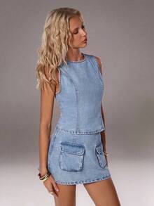 TRNVIE Women's Casual Denim Crew Neck Top And Skort Set, For Daily Wear - Light Wash - View 7