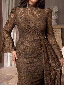 Aureia Plus Size Elegant Luxurious Romantic Brown Collar Flared Sleeve Ruched Mermaid Hem Patchwork Trailing Formal Dress, Suitable For Evening Party, Singles Party, Date, Ball, Vacation, Wedding - Coffee Brown - View 5