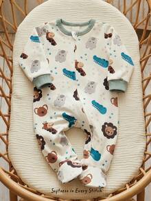 Cozy Pixies Newborn Baby Comfortable Soft Cartoon Print Zipper Long Sleeve Romper - Multicolor - View 2