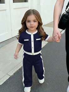 LMoss Kids Baby Girl Contrast Color Short Sleeve Button Design T-Shirt And Pants Set, Fashionable Casual - Navy Blue - View 1