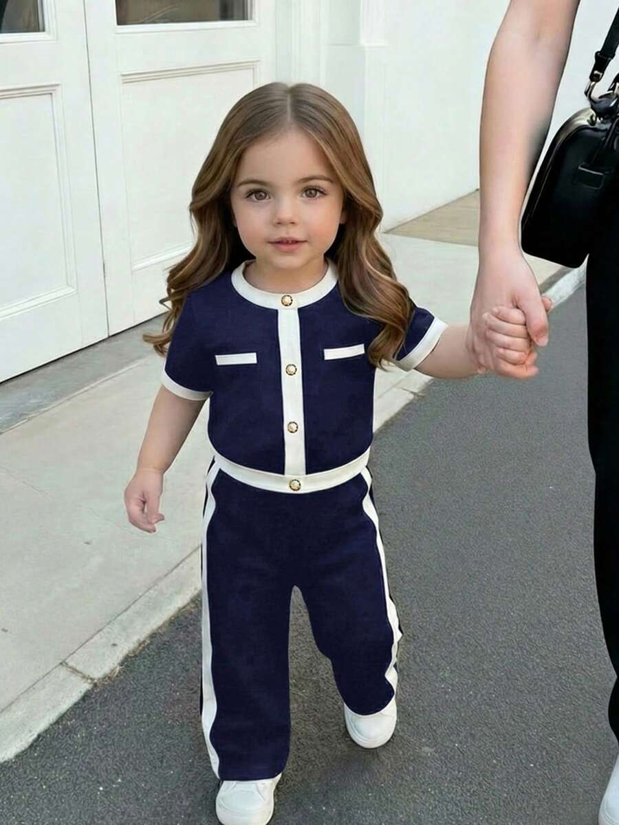 LMoss Kids Baby Girl Contrast Color Short Sleeve Button Design T-Shirt And Pants Set, Fashionable Casual - Navy Blue - View 1