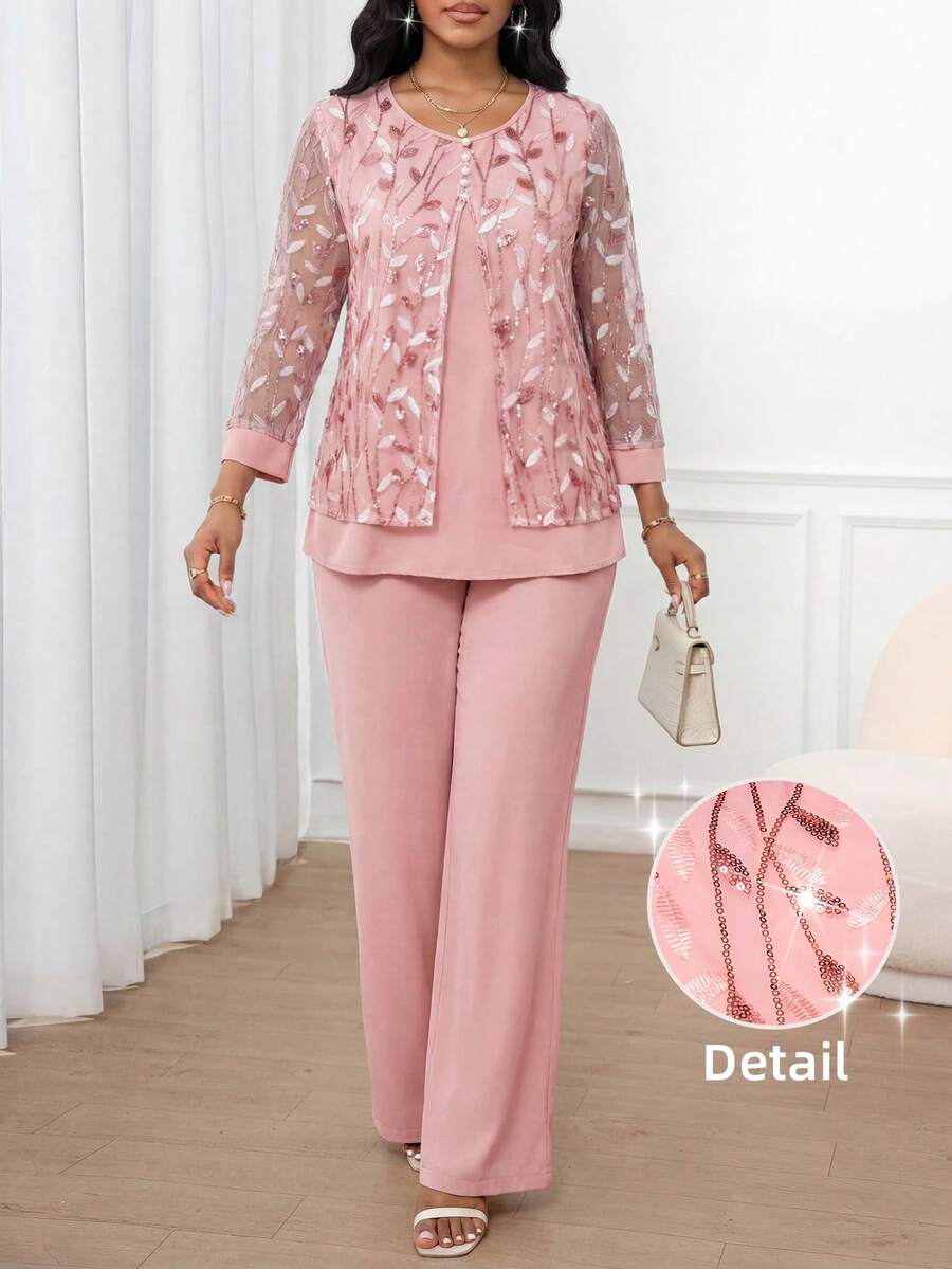 SHEIN Lady 两件套女士蕾丝亮片细节纽扣前开襟上衣和休闲裤套装 - 粉色 - 查看 1