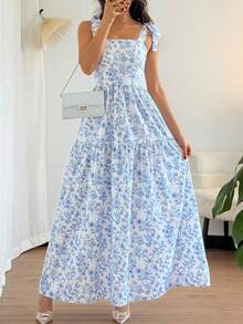 EMERY ROSE Plus Size Blue Ditsy Floral Ruffle Hem Vacation Dress - Multicolor - View 3
