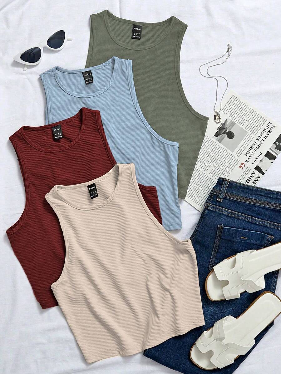 Femesol 4pcs Women's Casual Solid Color Ribbed Knit Tank Tops, Suitable For Daily Commute In Summer Summer Tops Summer Outfit For Women Summer Holiday - Multicolor - View 1