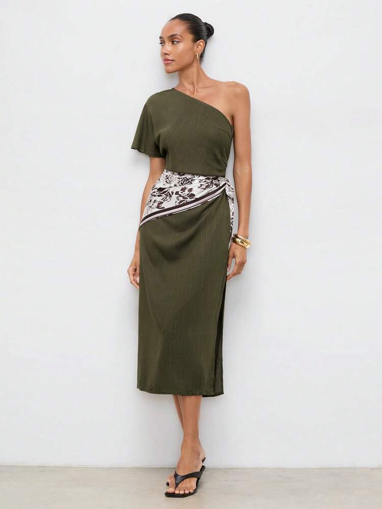 SHEIN Maija Women's Elegant Olive Green One-Shoulder Pleated Side Slit Summer Dress,Day Party Festival Beach Outfits, Casual Country Style Party Dresses