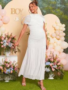 Loomaby Pregnant Women Solid Color Ruched Fishtail Hem Elegant Dress - White - View 4