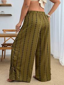 Enliva Plus Size Loose Printed Vintage Bohemian Style Vacation Wide-Leg Pants With Pockets And Elastic Waistband - Green - View 2