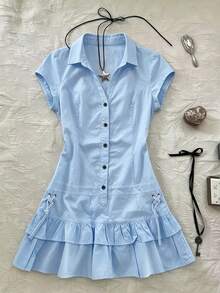 IslaSuriya Vestido corto casual de mujer con volantes en el bajo, unicolor, para verano - Azul - Ver 3