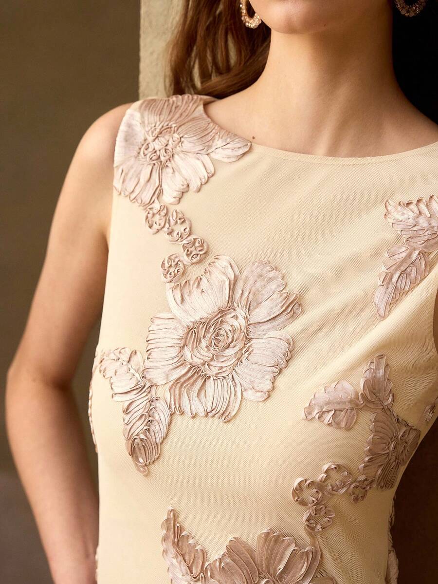 MOTF PREMIUM ROMANTIC MESH EMBROIDERED SLEEVELESS TOP FOR WOMEN - Apricot - View 2