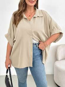 SHEIN Essnce Plus Size Women's Khaki Sommar Smart Casual Shirt,Everyday Loose Breathable Button Blouse,Work Tops,Teacher Shirts,Comfortable Versatile Simple Style - Apricot - View 5