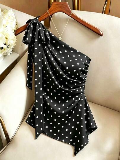 GlowEve Women's Elegant Summer One Shoulder Ruched Polka Dot Print Bow Tie Decor Asymmetric Hem Fitted Blouse In Coffee Brown