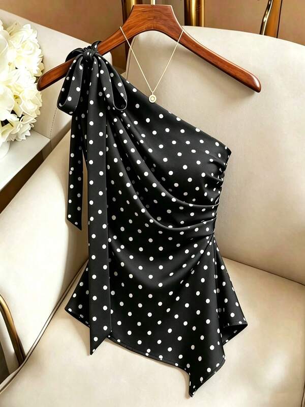 GlowEve Women's Elegant Summer One Shoulder Ruched Polka Dot Print Bow Tie Decor Asymmetric Hem Fitted Blouse In Coffee Brown