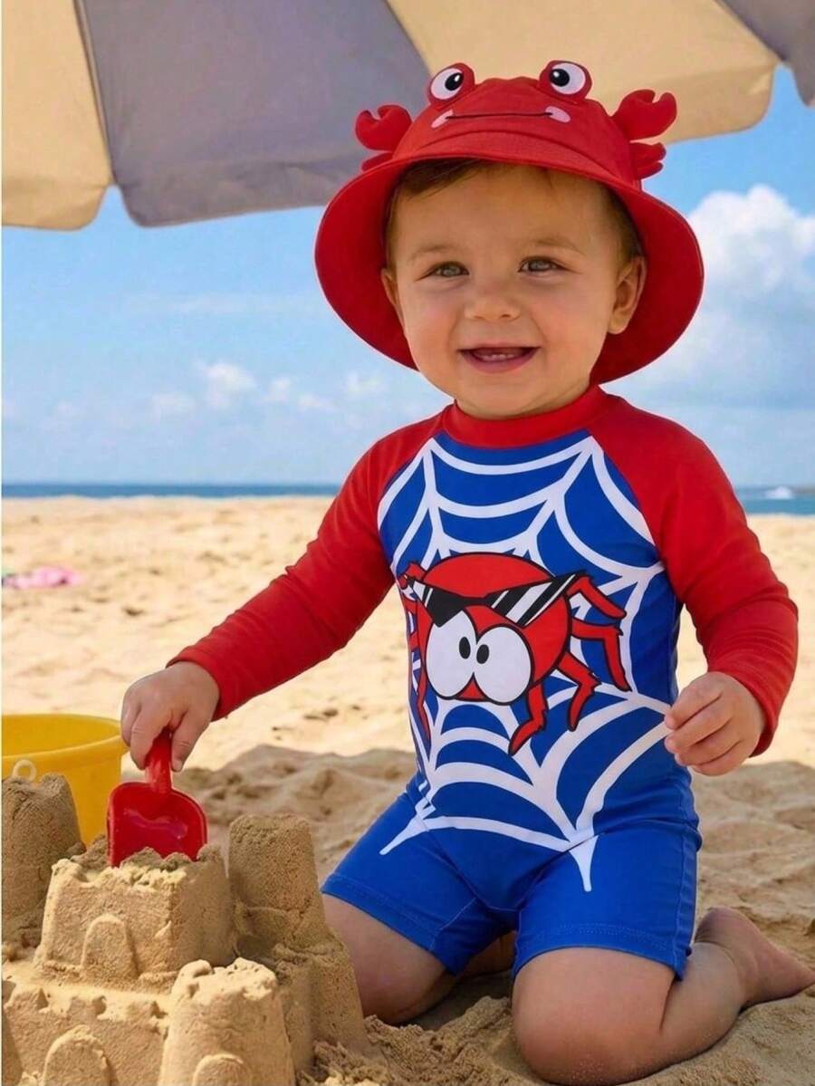 SHEIN Baby Boy Cute Spider Web Pattern Contrast Color Blue Long Sleeve Rash Guard Swimsuit,Suitable For Vacation,Beach,Surfing,Swimwear,Sleeves - Blue - View 1