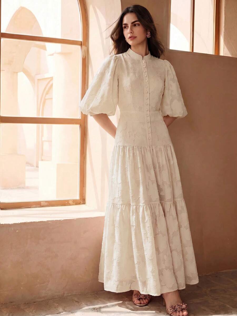 Anewsta 女款夏季V領燈籠袖紋理碎花收腰顯瘦優雅洋裝 - 杏色 - 查看 1