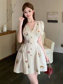 DAZY 春夏法式復古植物印花女款簡約優雅中長洋裝陽光裙 - 杏色 - 查看 10