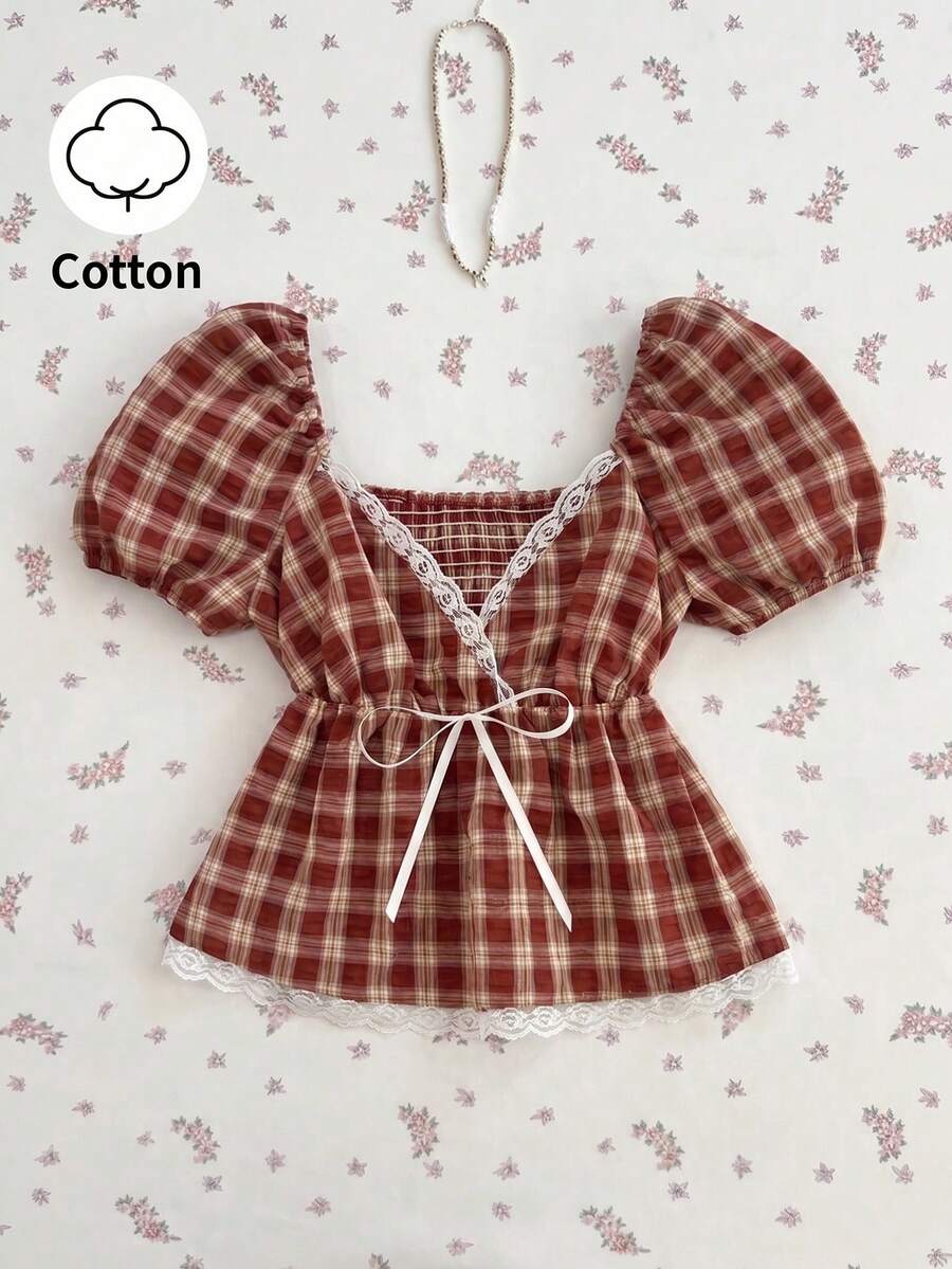 Elamini Áo sơ mi nữ kẻ caro thắt nơ, cổ chữ V phối ren trắng, tay phồng, viền bèo nhún, kiểu dáng retro dễ thương, đa năng cho kỳ nghỉ, đi làm, dạo phố, hẹn hò. - Màu Đỏ Sâu - Xem 1