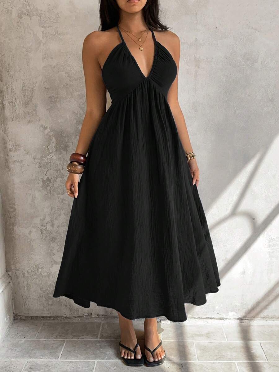 Sunnyshic Women's Deep V-Neck Backless Sexy Halter Denim Dress - Black - View 1