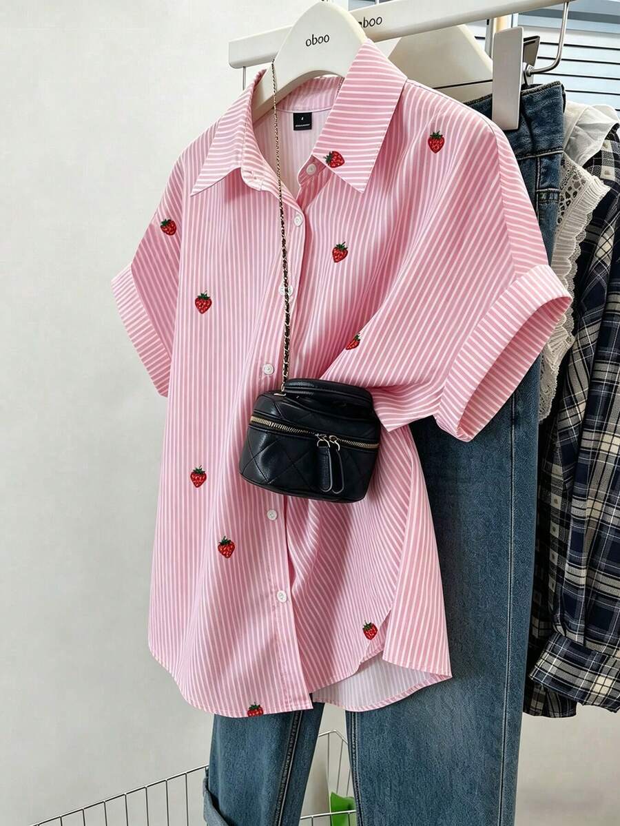 EMERY ROSE Women's Plus Size Color Block V-Neck Shirt - Striped Print, Casual Summer Top, Lightweight Breathable Fabric, Casual - Multicolor - View 1