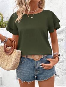 Balvessa Plus Size Women's Vacation Casual Elegant Solid Color Short Sleeve Top Office Olive Green Summer - Apricot - View 4