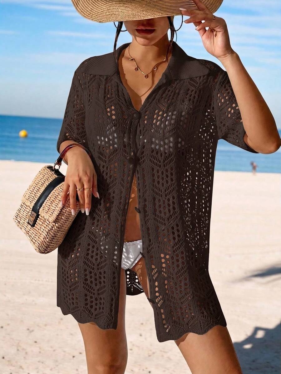 Swim Vcay Vacation Beach Solid Color Hollow Knit Kimono Cover-Up - Coffee Brown - View 1