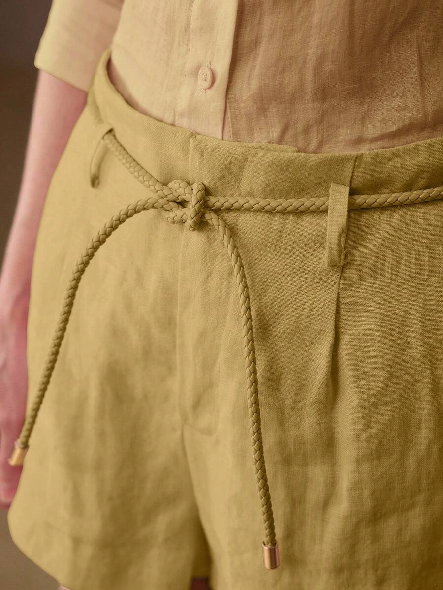 MOTF PREMIUM SHORTS DE LINO CASUALES/PARA CITAS/VACACIONES, PRIMAVERA/VERANO - Mostaza Amarilla - Ver 2