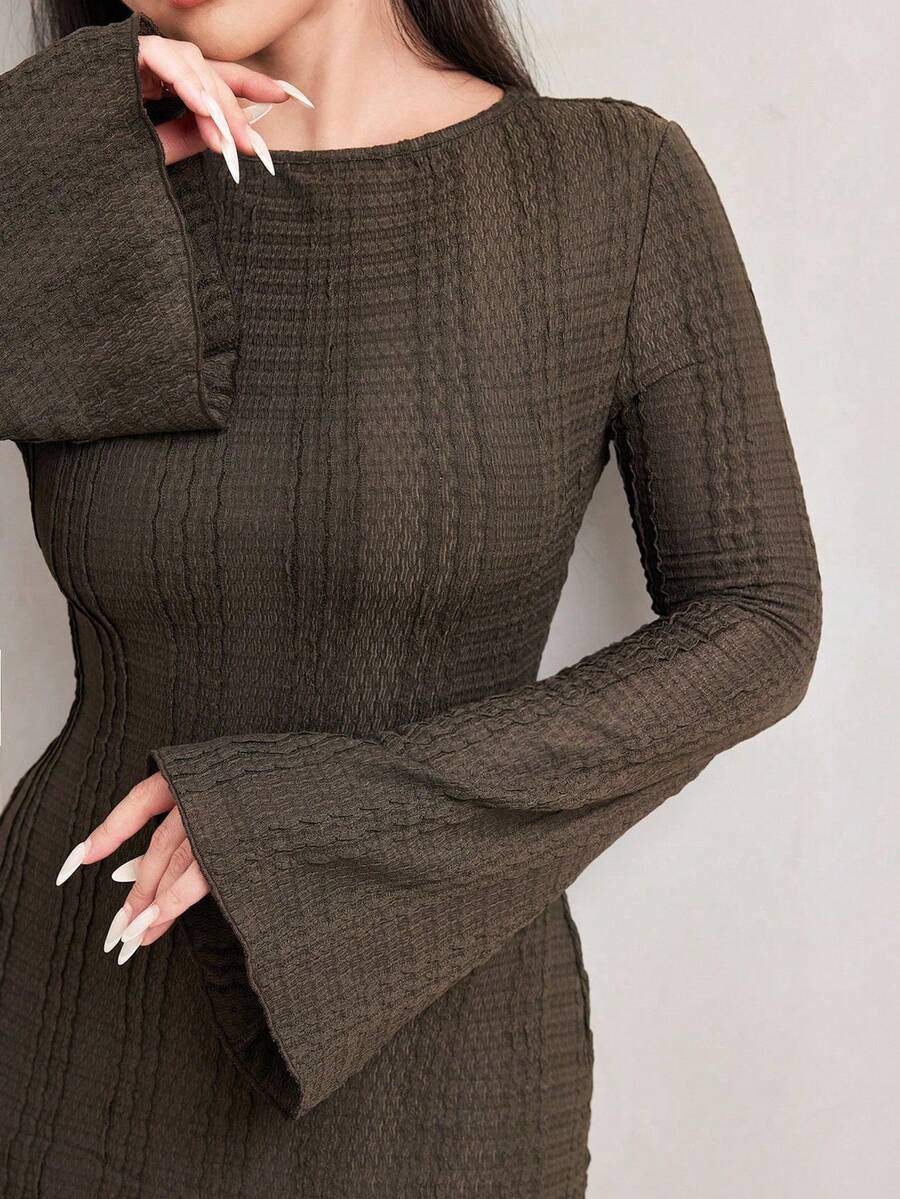 Modelyn Plus Size Women's Solid Color Round Neck Flare Sleeve Fitted Fishtail Hem Elegant Dress - Coffee Brown - View 1