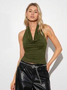 Vestido de verano  con estampado de leopardo, cuello halter, espalda descubierta, diseño drapeado, sexy, ajustado y estampado. - Verde militar - Ver 8