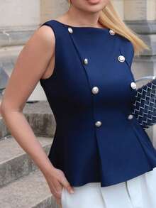 Elenary Edit Women's Elegant Button Decor Waist Ruffle Hem Blouse, Summer,Summer Top - Navy Blue - View 3