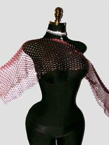 SHEIN Unity Top corto de mujer con aplicaciones de diamante de imitación y diseño de red, adecuado para atuendos de fiesta y vacaciones - Burdeos - Ver 4