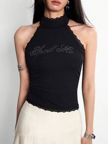 Rina Fox Áo croptop cổ yếm đính đá chữ cái gợi cảm theo phong cách năm 2026, áo thun không tay ren phong cách retro Y2K. - màu đen - Xem 1