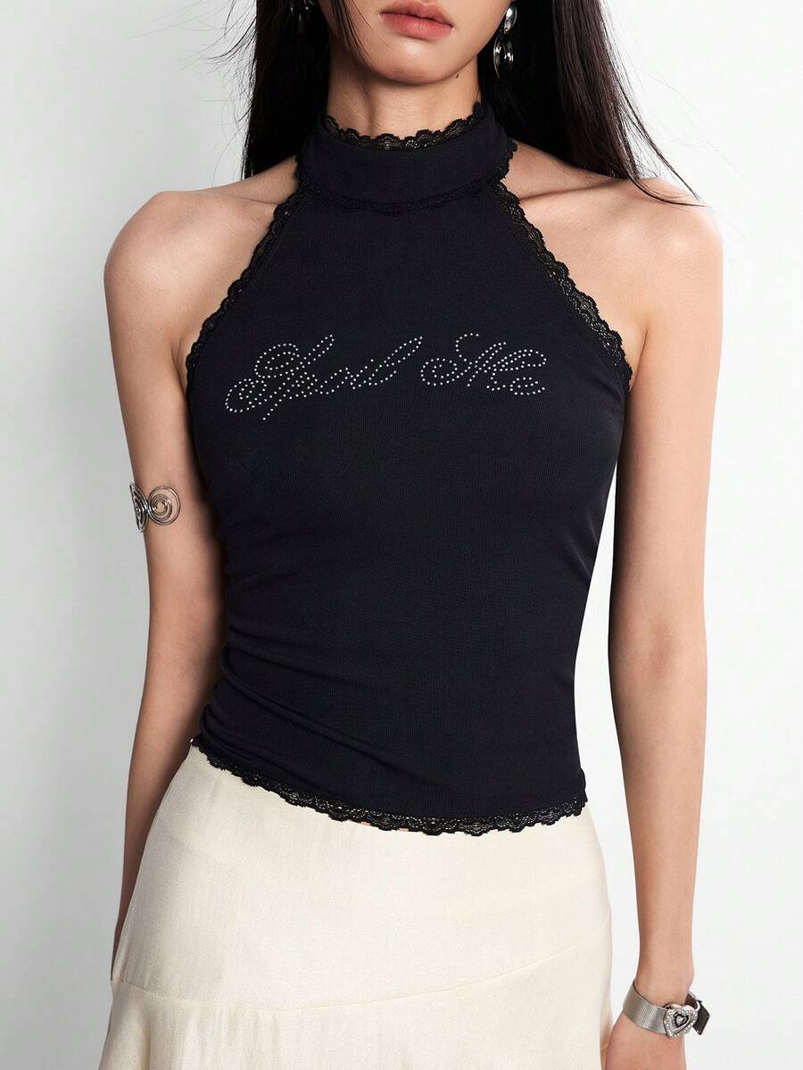 Rina Fox Áo croptop cổ yếm đính đá chữ cái gợi cảm theo phong cách năm 2026, áo thun không tay ren phong cách retro Y2K. - màu đen - Xem 1